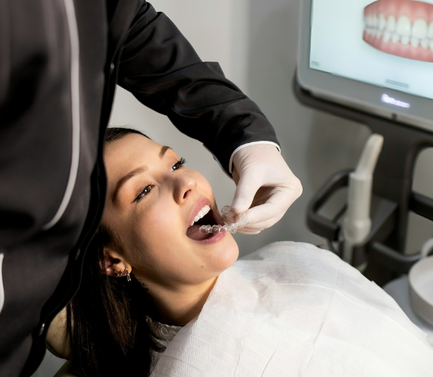 Dentist placing Invisalign
