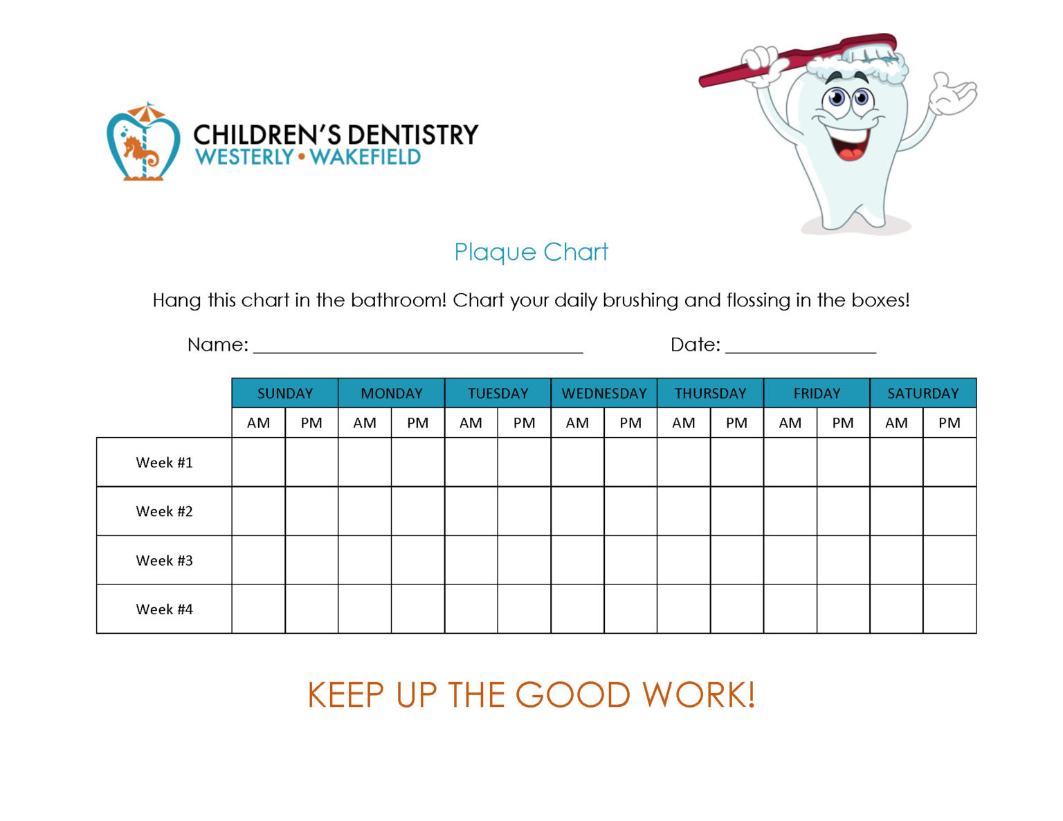 Plaque Chart for Your Child's Daily Brushing and Flossing